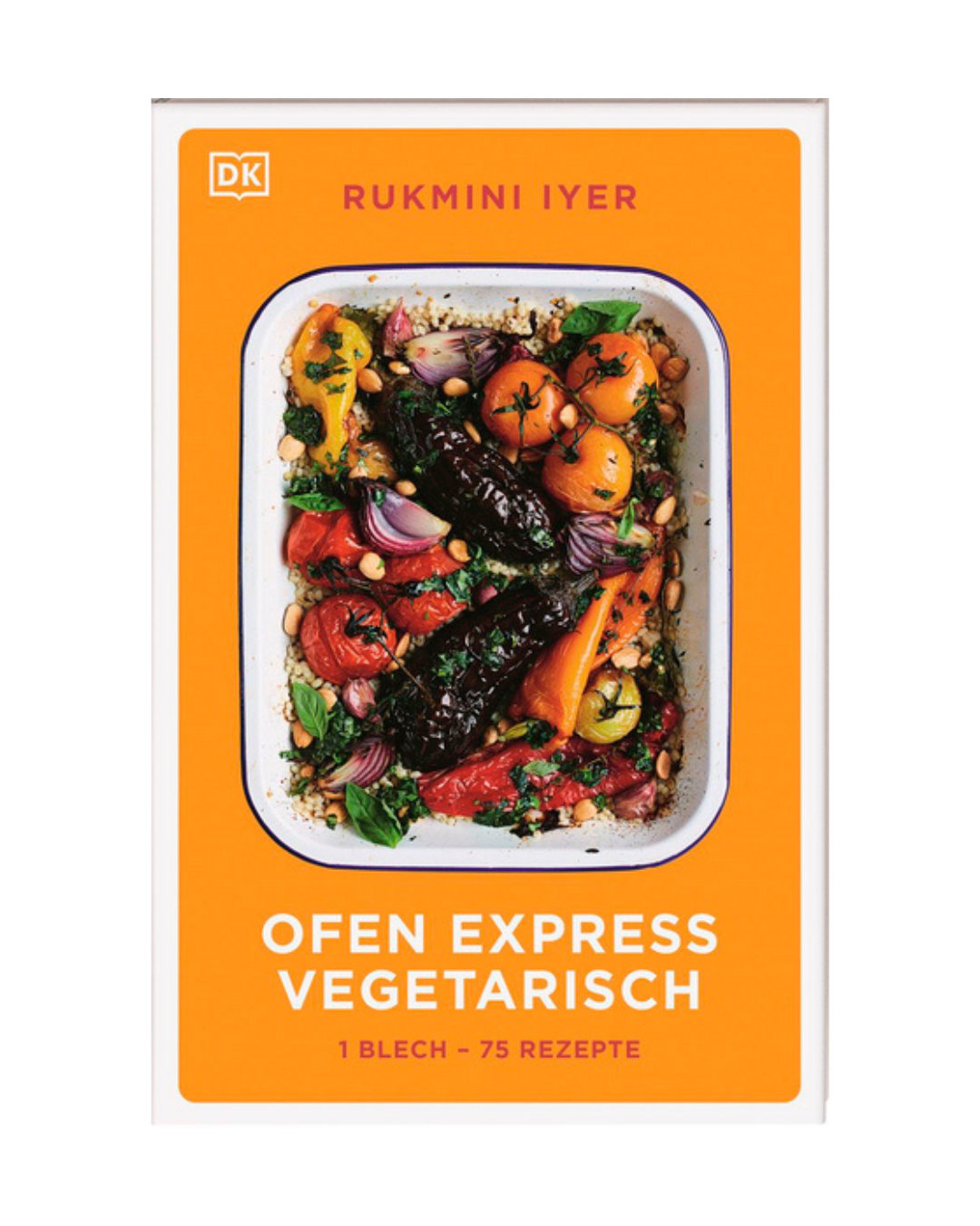 „Ofen Express vegetarisch | 75 vegetarische und vegane Ofengerichte“ vom DK Verlag besticht durch ein leuchtend orangefarbenes Cover, auf dem ein Ofengericht aus Tomaten, Auberginen, Zwiebeln und Kräutern abgebildet ist. Dieses Kochbuch bietet schnelle Ofengerichte für einfache und köstliche vegetarische Mahlzeiten.