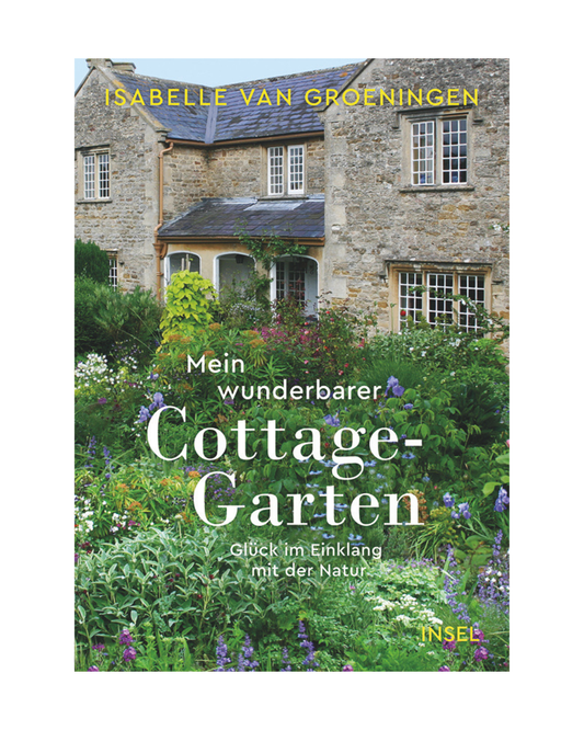 Das Buchcover zeigt ein steinernes Häuschen mit blauen Türen und Fenstern in einem bunten Garten. Titel: Mein wunderbarer Cottage Garten | Garten Glück im Einklang mit der Natur von Dr. Isabelle Van Groeningen.