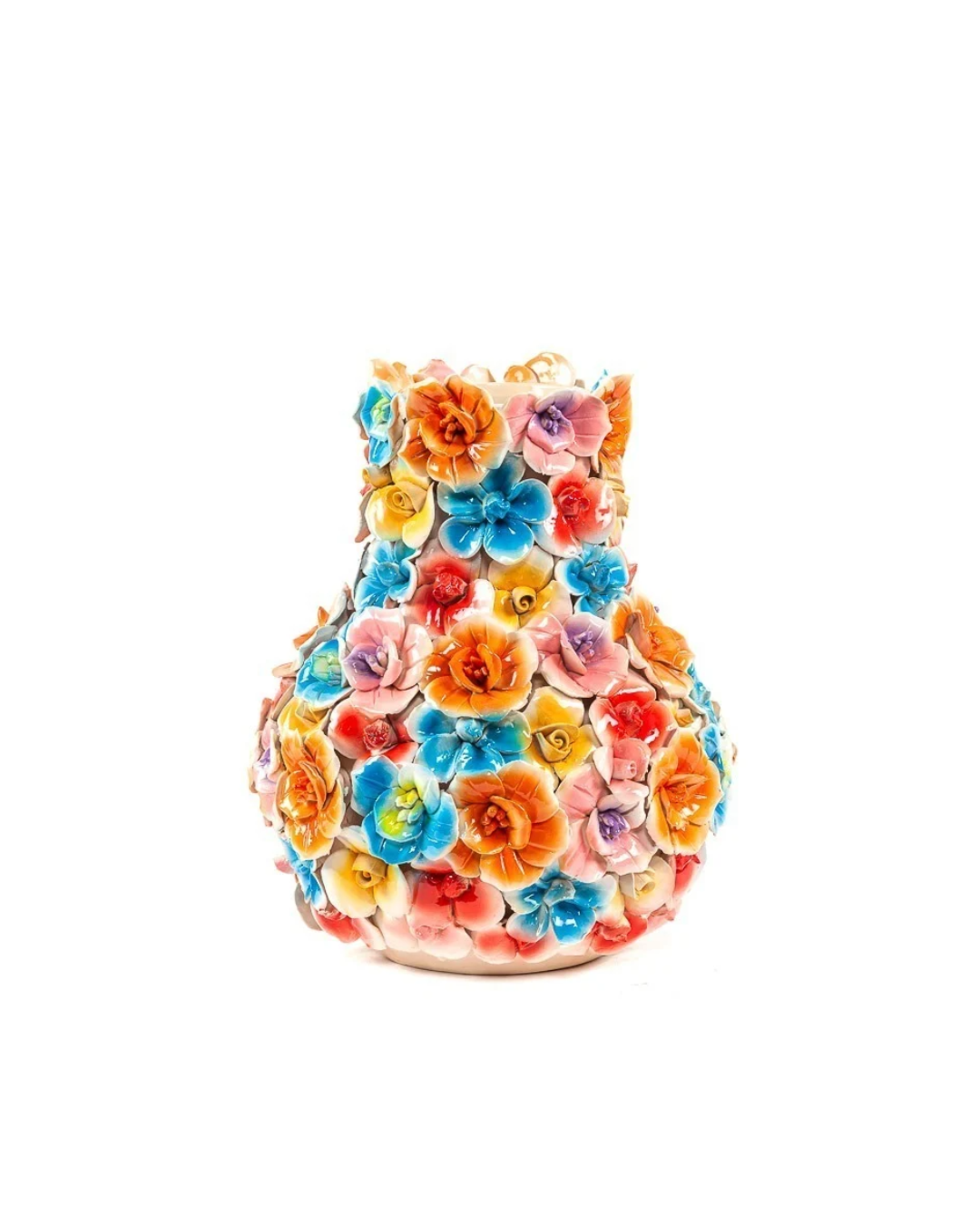 Die Vase „Des Pots | Vase mit bunten Deko-Blumen, H 29, Ø 9,5–26 cm“ von Des Pots ist aus Keramik handgefertigt und mit farbenfrohen, dreidimensionalen Blüten in Blau, Gelb, Orange, Rosa und Rot auf weißem Hintergrund verziert.