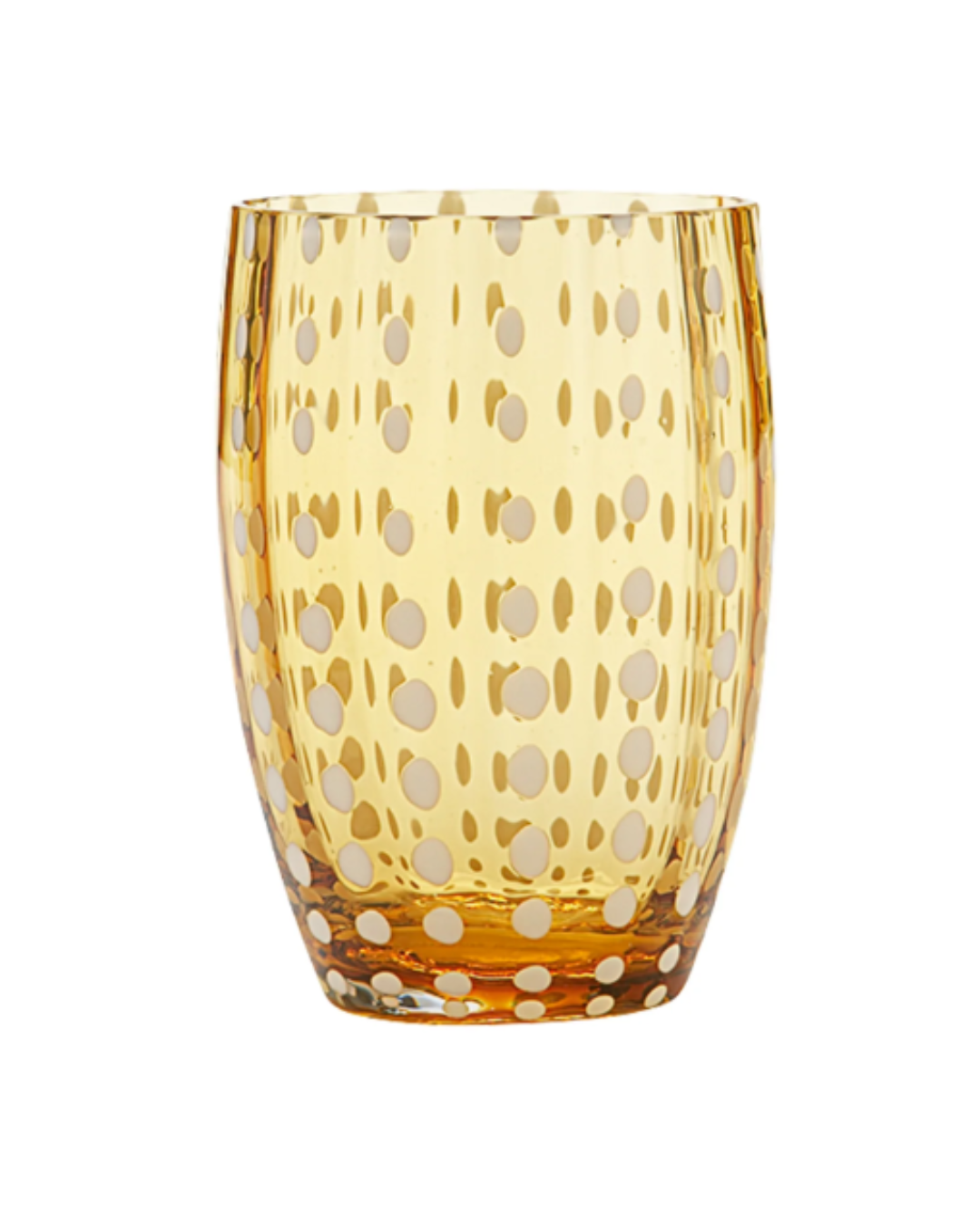 Der von Zafferano gefertigte „Perle Glas Amber 32 cl“ ist ein transparenter Becher aus bernsteinfarbenem Glas, der mit gleichmäßig verteilten, opaken weißen Punkten verziert ist. Inspiriert von der italienischen Glaskunst und ganz im Stil der Zafferano-Perle-Kollektion verkörpert dieses Stück exquisite Handwerkskunst und zeitlose Eleganz.