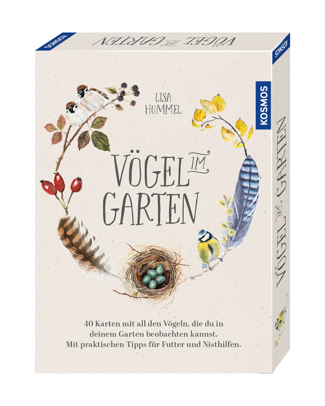 Kosmos Verlag | Liebevoll illustriertes Kartenset 'Vögel im Garten' von Lisa Hummel mit Gartenvögeln, Federn, Eiern und Beeren auf beigem Grund und blau-weißer Kosmos-Verlag-Banderole. Perfekt für spielerische Vogelbestimmung.