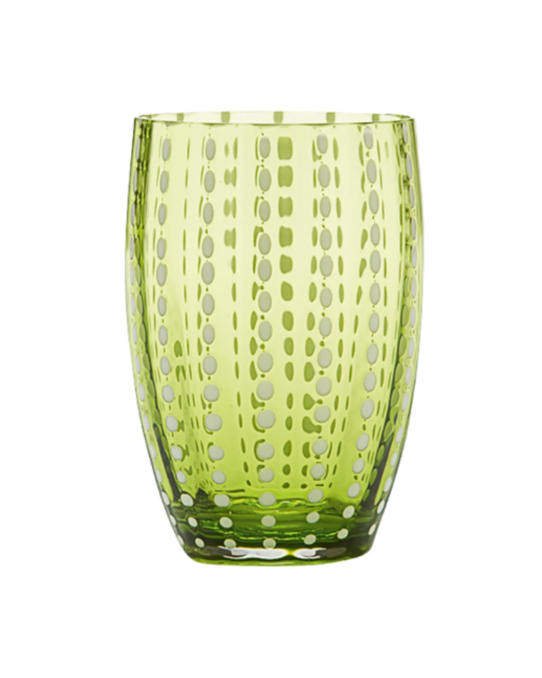 Der „Zafferano | Perle Glas Apfelgrün 32 cl“-Becher von Zafferano besticht durch sein leuchtend grünes, mundgeblasenes Glasdesign, das mit vertikalen und horizontalen gepunkteten Linien verziert ist, welche ihm eine unverwechselbare Struktur verleihen – ein exquisites Beispiel für italienische Glasmacherkunst.