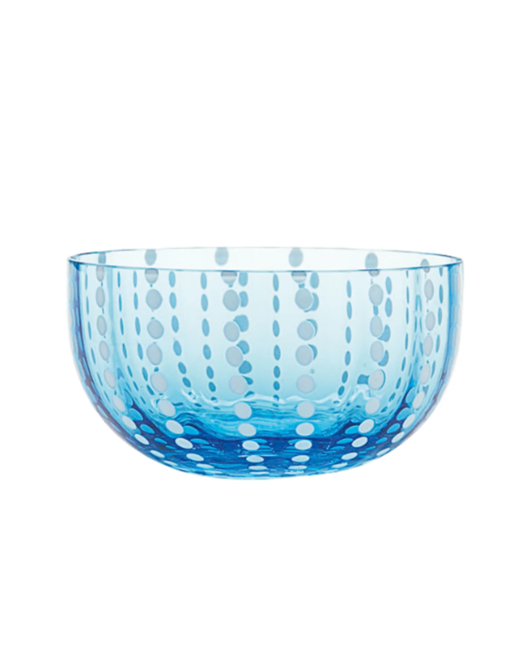 Eine durchscheinende, aquamarinfarbene „Perle Schale 38 cl“ von Zafferano ist mit einem Muster aus weißen, gepunkteten vertikalen Linien verziert, die gleichmäßig über die gesamte Oberfläche verteilt sind; diese handgefertigte Glasschale von Zafferano setzt in jeder Umgebung elegante Farbakzente.