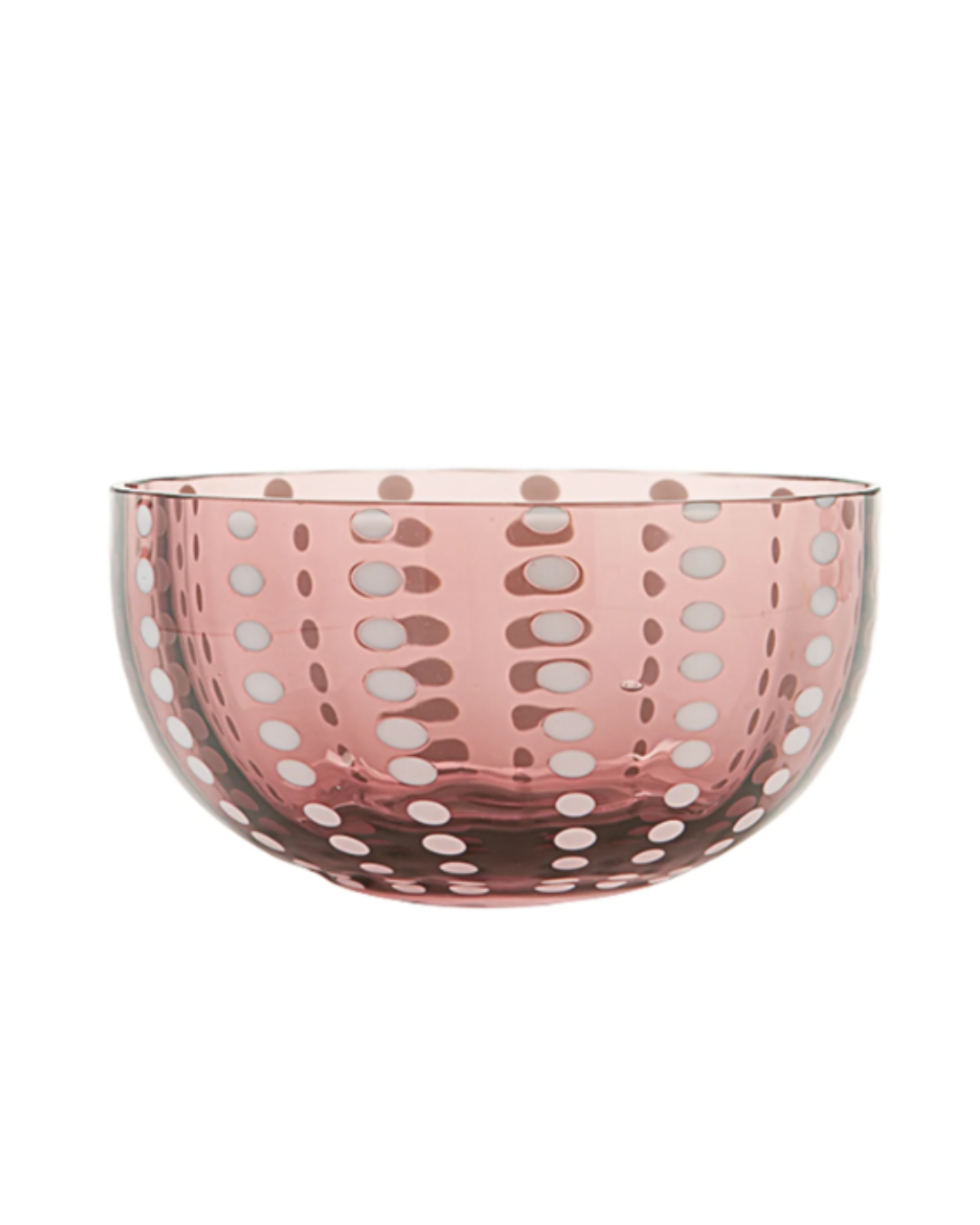 Eine runde, transparente Schale aus Amethystglas mit einem Muster aus gleichmäßig verteilten weißen Punkten, die in vertikalen Linien angeordnet sind. Die handgefertigte Zafferano | Perle Schale Amethyst 38 cl eignet sich perfekt als Dessertschale und unterstreicht den eleganten Stil der Zafferano-Kollektion.