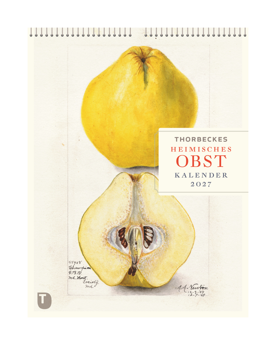 Es erscheint eine botanische Illustration einer Quitte, die oben im Ganzen und unten halbiert dargestellt ist, sodass ihre Kerne zu sehen sind. Der darüberliegende Text lautet: Kalender 2027 | Heimisches Obst. Dieser spiralgebundene Wochenkalender des Kosmos-Verlags präsentiert heimisches Obst auf kunstvolle Weise mit detaillierten Illustrationen auf jeder Seite.