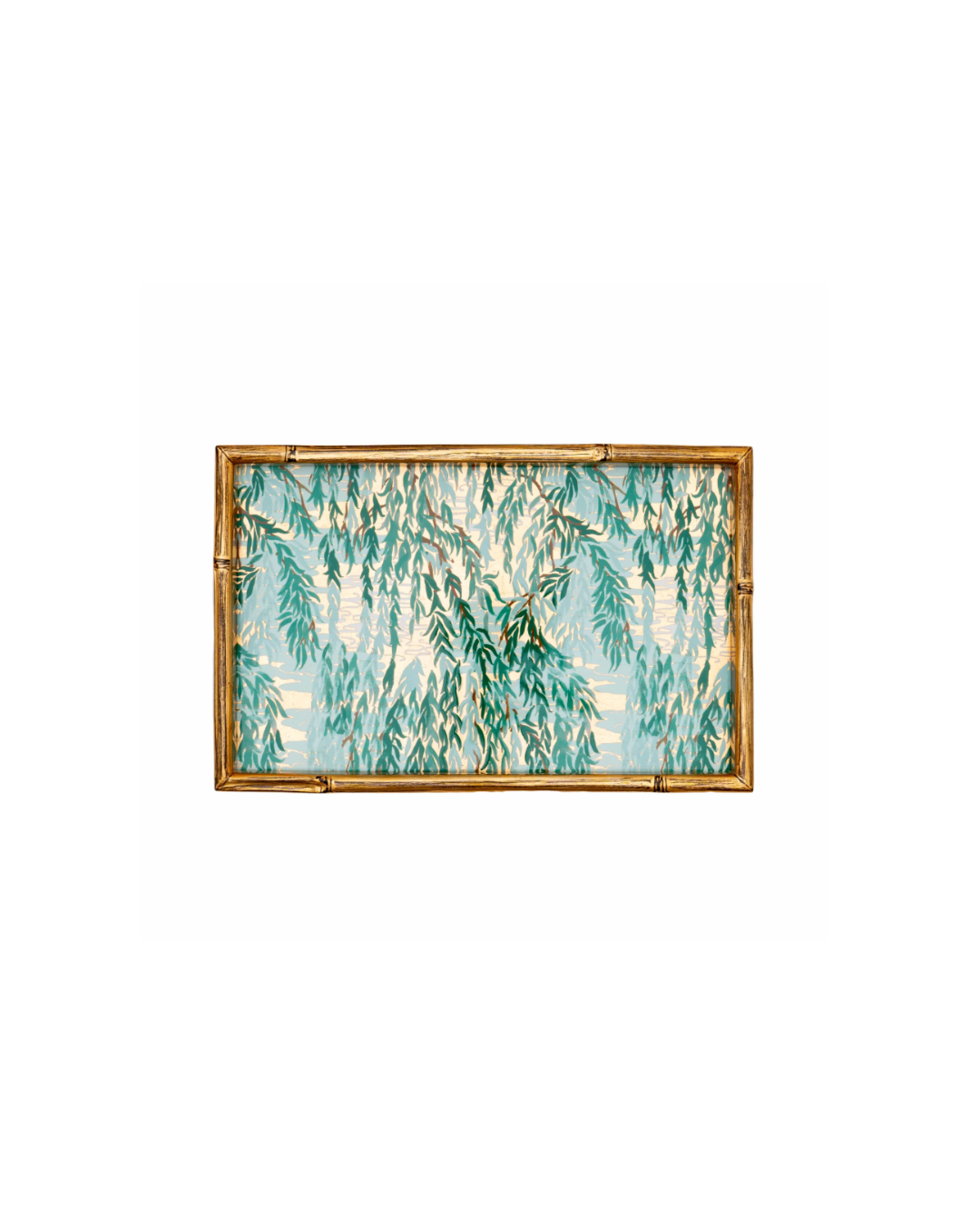 Ein rechteckiges Caspari-Tablett „Green Willows“ (24,9 x 22,9 cm) mit einem botanischen Muster aus grünen und blauen Blättern auf hellem Hintergrund, das dank seines handgefertigten Designs von Caspari eine einzigartige und elegante Note verleiht.