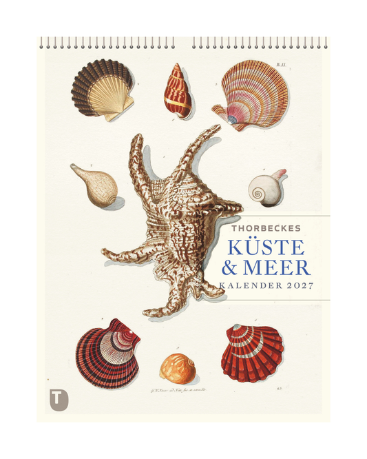 Eine Illustration mit verschiedenen Muscheln, die eine markante Muschel in der Mitte umgeben, ziert das Cover des „Kalenders 2027 | Küste und Meer“, der historische Abbildungen enthält und auf dem der Markenname „Kosmos Verlag“ auf Deutsch angegeben ist.