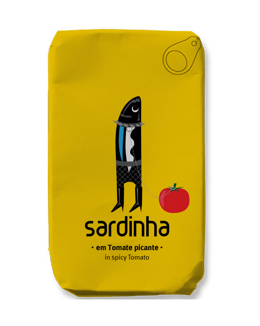 Auf einer gelben Sardinen-Dose ist eine Cartoon-Sardine abgebildet, die aufrecht in Kleidung steht und eine Tomate an der Leine hält. Der Text lautet: Sardinha | Sardine in würziger Tomate. Dieses verspielte Design von Sardinha unterstreicht die köstliche Kombination aus würzigen Tomatenaromen und den wertvollen Omega-3-Vorteilen.