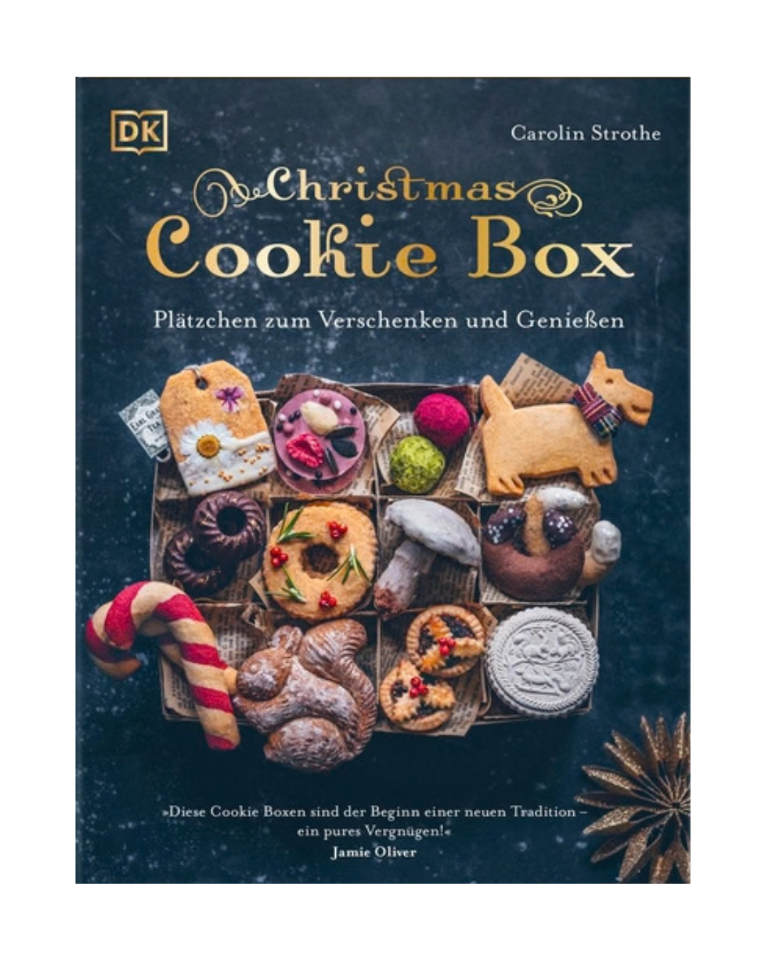 Buchcover von „Christmas Cookie Box | Über 50 Rezepte für Weihnachtsplätzchen“ vom DK Verlag, mit verzierten Plätzchen in Form von Sternen, Herzen und Bäumen vor einem dunklen Hintergrund mit festlichen Dekorationen und Tannenzweigen. Enthält Inspirationen für vegane Plätzchen und kreative Weihnachtsplätzchen-Rezepte. Autorin: Carolin Strothe.
