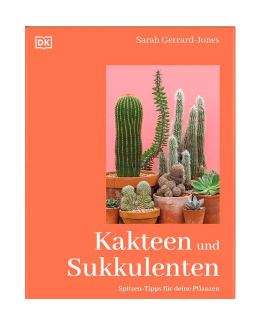 Mit seinem leuchtend orangefarbenen Einband, der mit einer Vielzahl von Kakteen und Sukkulenten in Töpfen verziert ist, ist „Kakteen und Sukkulenten | Pflegewissen für drinnen und draußen“ vom DK Verlag die perfekte Inspiration für Liebhaber von Zimmerpflanzen. Das Buch enthält wichtige Pflegetipps für drinnen und draußen; die Autorin Sarah Gerrard-Jones ist oben rechts abgebildet.