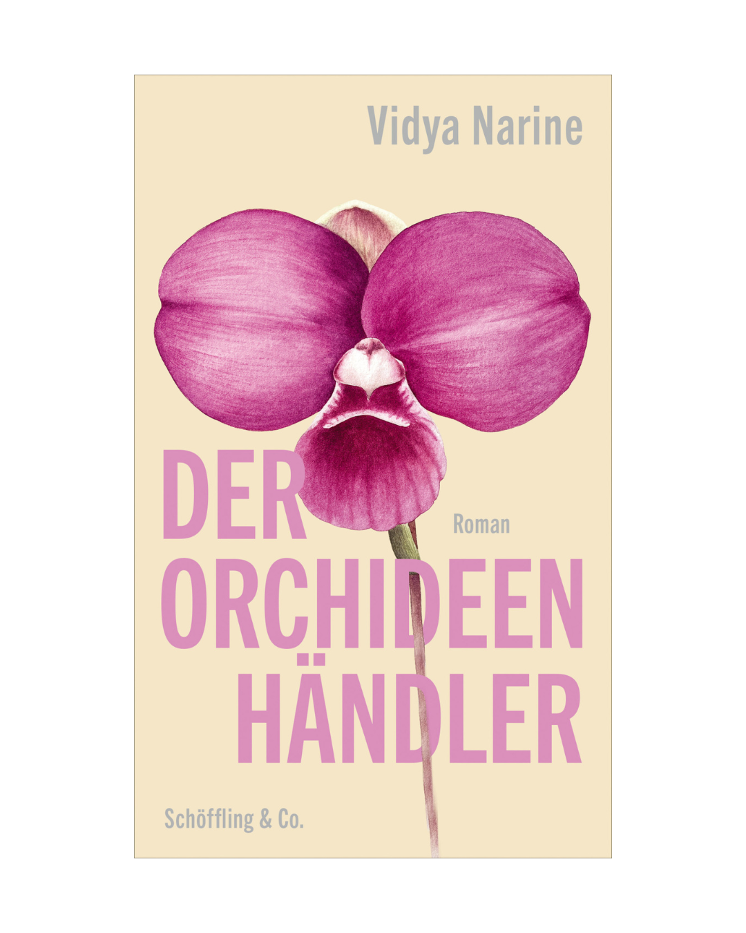 Buchcover mit einer großen rosa Orchidee und dem plakativen Titel "Der Orchideenhändler | Roman über die faszinierende Welt der Orchideen". Autorin Vidya Narine; erschienen im Schöffling Verlag - perfekt für Fans von Orchideen Ratgeber und Orchideen Pflege.
