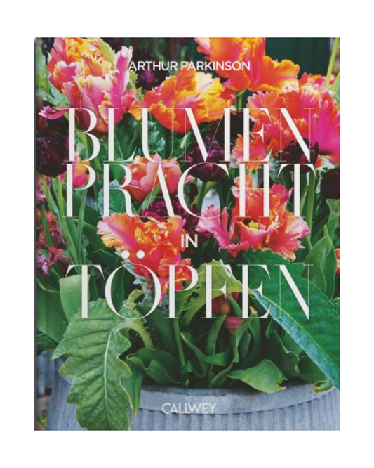 Das Buch Blumenpracht in Töpfen aus dem Thorbecke Verlag zeigt auf dem Cover leuchtende Blumen in einem Metalltopf mit großer weißer Titelschrift. Es bietet praktische Tipps zur Topfauswahl, Bewässerung, Kompostierung und Farbgestaltung.