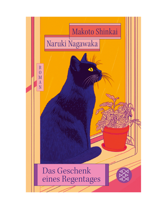 Eine stilisierte schwarze Katze sitzt auf einer Innenfensterbank mit einer Pflanze in orange-rosa Tönen. Inspiriert von Einsamkeit in einem japanischen Roman. Deutscher Text: Das Geschenk eines Regentages | Ein Roman über Mensch, Tier & Nähe (S. Fischer Verlag).