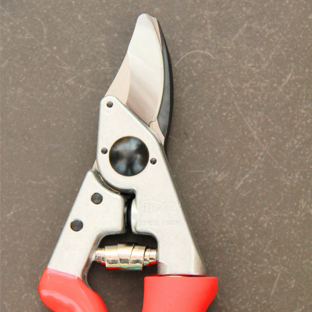 Die Felco 12 Gartenschere der Marke Felco mit Rollgriff und roten Griffen liegt geschlossen auf einer grauen Oberfläche und ist aus der Vogelperspektive zu sehen.
