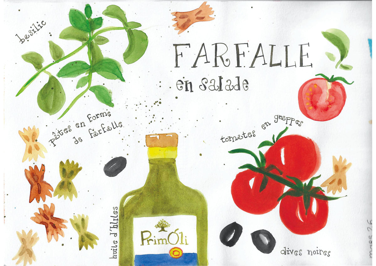 Aquarellillustration der Zutaten für einen Farfalle-Salat wie Tomaten, Basilikum, Oliven, Olivenöl und Nudeln für den 15.1.2027 | 10.00 – 13.00 Uhr AQUARELL-WORKSHOP Mein erstes illustriertes Rezeptbuch.
