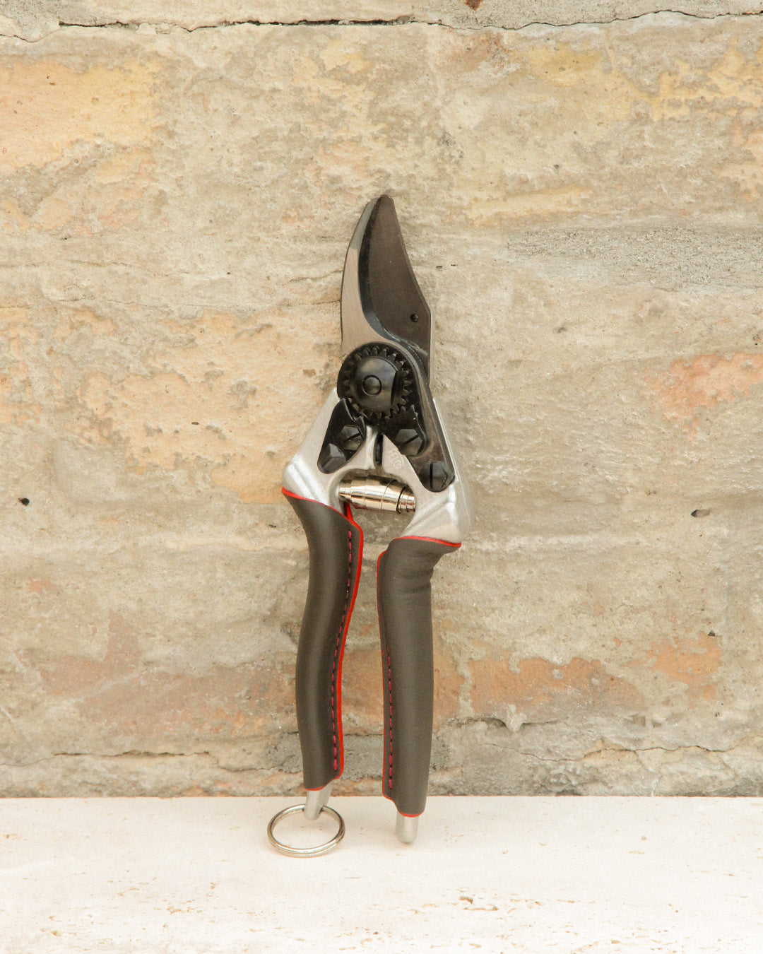 Ein Paar Felco FELCO | '6 Elite' Kompakte Gartenschere in schwarz-silbernem Design mit rotem Akzent, bekannt für ergonomischen Komfort, steht aufrecht vor einer rauen beigen Steinwand.