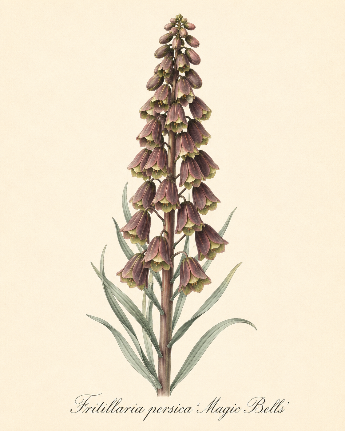 Eine botanische Illustration von Fritillaria persica ‚Magic Bells‘ – Persische Kaiserkrone von Verberghe zeigt einen hohen Stiel, der mit zahlreichen glockenförmigen, violetten Blüten und länglichen grünen Blättern geschmückt ist, vor einem cremefarbenen Hintergrund. Die ungewöhnliche Farbe der Blüten kommt wunderschön zur Geltung, und der Name der Pflanze ist elegant darunter eingetragen.