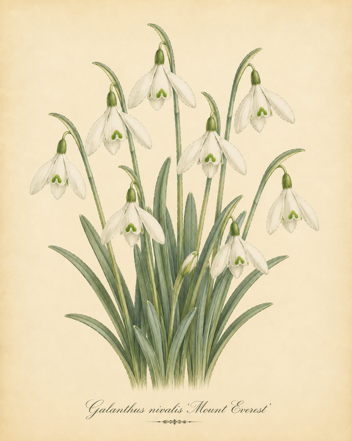 Botanische Illustration von Galanthus nivalis ‚Mount Everest‘ – Schneeglöckchen von Weijers, einer robusten, spätblühenden Schneeglöckchen-Sorte mit großen weißen Blüten, die mit zarten grünen Markierungen verziert sind, dargestellt neben schlanken grünen Blättern auf beigem Hintergrund.