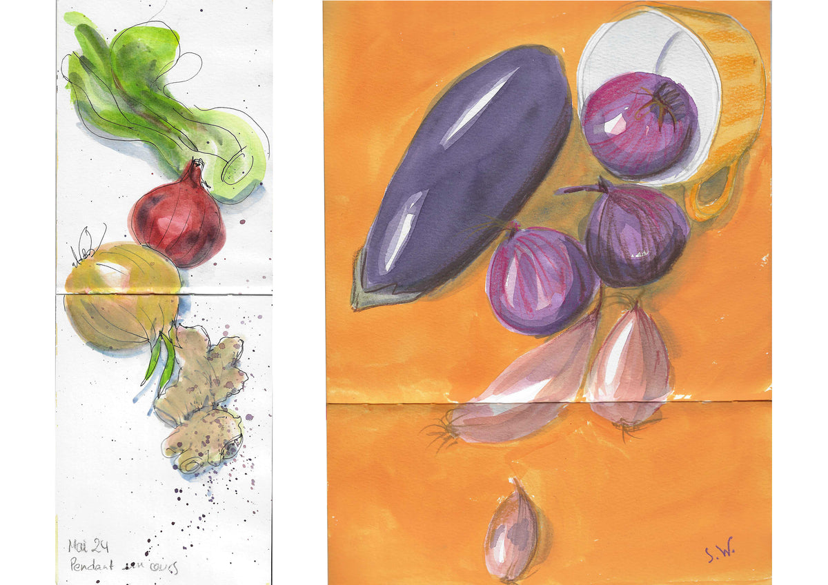 Aquarellillustrationen von Gemüsesorten wie Auberginen, Zwiebeln und Ingwer auf zwei Notizbuchseiten für den 15.1.2027 | 10.00 – 13.00 Uhr AQUARELL-WORKSHOP Mein erstes illustriertes Rezeptbuch.