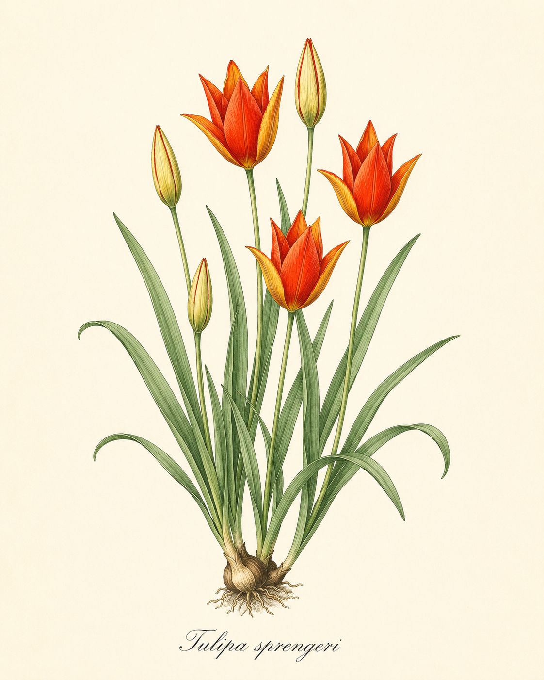Eine botanische Illustration von „Tulipa sprengeri – Sprengers Tulpe“ von Verberghe zeigt mehrere rote Tulpen mit spitzen Blütenblättern und grünen Blättern, deren Zwiebeln vor einem hellen Hintergrund zu sehen sind. Der Produktname ist darunter elegant in Kursivschrift geschrieben und präsentiert diese spätblühenden Tulpen in exquisiten Details.