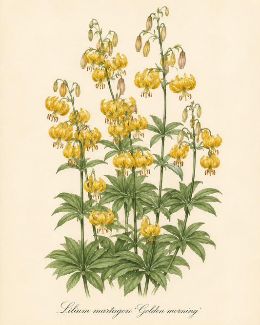 Botanische Illustration von Lilium martagon ‚Golden Morning‘ – Eine Türkenbund-Hybride von Verberghe mit hohen grünen Stielen, quirlförmig angeordneten Blättern und Büscheln insektenfreundlicher, zartgelber, nach unten gerichteter Blüten auf cremefarbenem Hintergrund – perfekt, um jedem Garten Eleganz und Charme zu verleihen.