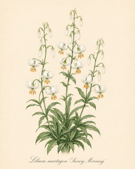 Botanische Illustration von Lilium martagon ‚Snowy Morning‘ – einer Türkenbund-Hybride von Verberghe –, die drei hohe Stiele zeigt, geschmückt mit zarten, insektenfreundlichen weißen Blüten mit auffälligen orangefarbenen Staubblättern und üppigem dunkelgrünem Laub, alles vor einem blasscremefarbenen Hintergrund mit einer eleganten Schrift darunter.
