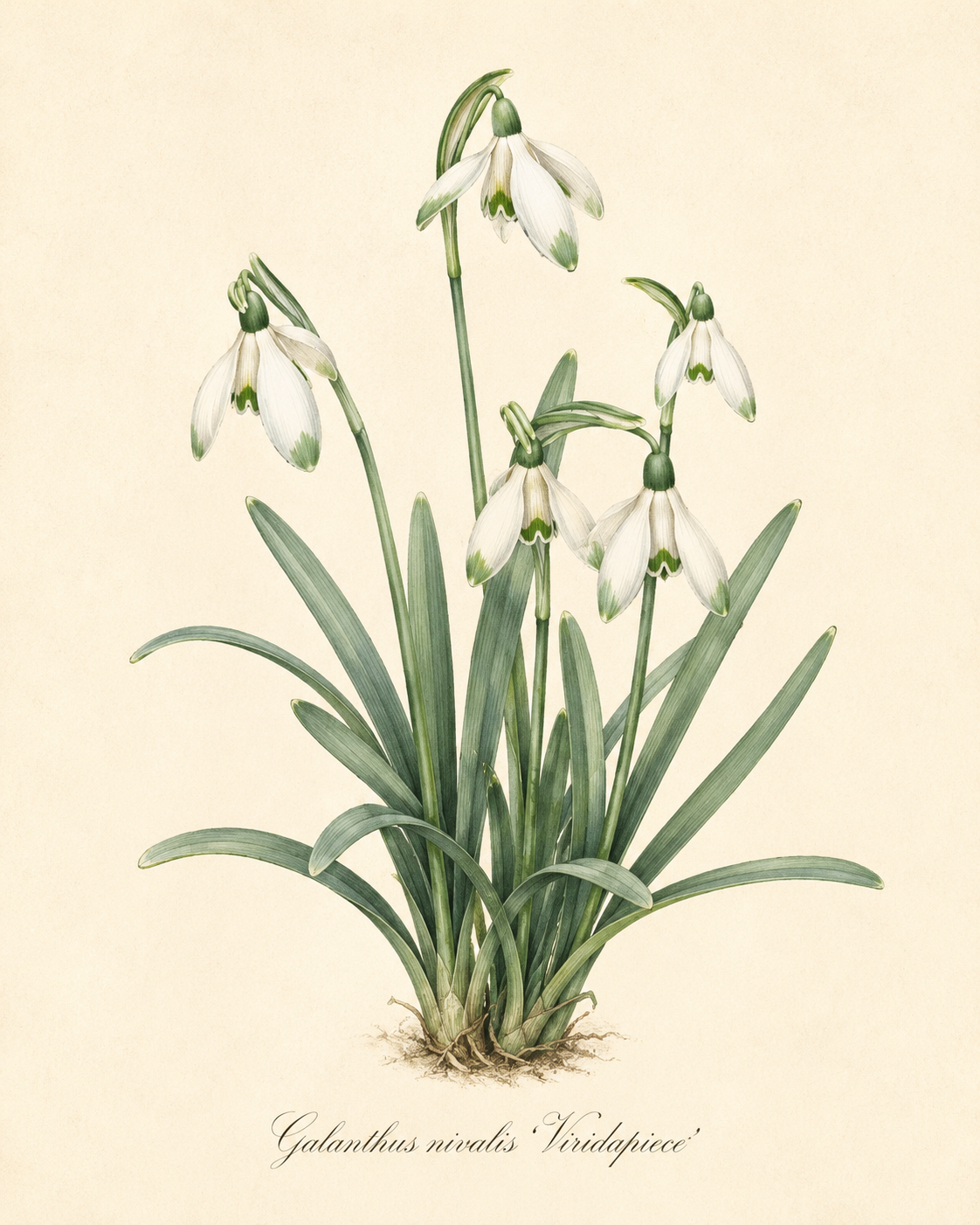 Zarte botanische Illustration des Galanthus nivalis ‚Viridapiece‘ – Grünspitziges Schneeglöckchen von Verberghe, die schlanke grüne Blätter und elegante weiße, glockenförmige Blüten mit grünspitzigen Blütenblättern auf cremefarbenem Hintergrund zeigt. Diese bezaubernden Blüten eignen sich perfekt für die Bepflanzung an Standorten von sonnig bis schattig und erscheinen in der Regel zwischen Februar und März.