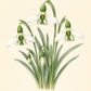 Botanische Illustration von Galanthus elwesii ‚Beluga‘ – Schneeglöckchen von Verberghe, die eine 30 cm hohe weiße Blume mit einer markanten grünen Markierung an den grün gesäumten Blüten sowie schlanke grüne Blätter vor einem hellen Hintergrund zeigt; unten befindet sich eine handgeschriebene Beschriftung.