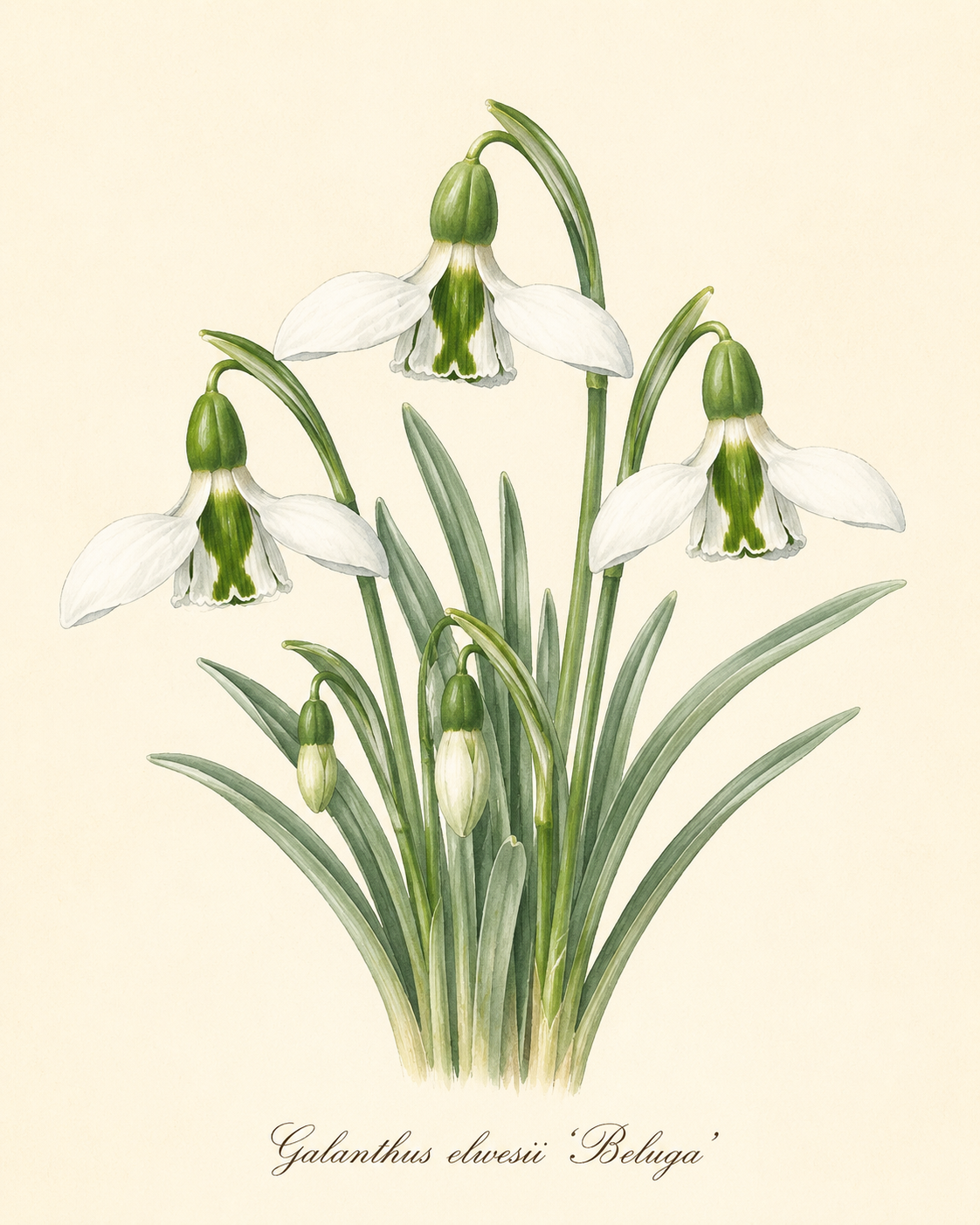 Botanische Illustration von Galanthus elwesii ‚Beluga‘ – Schneeglöckchen von Verberghe, die eine 30 cm hohe weiße Blume mit einer markanten grünen Markierung an den grün gesäumten Blüten sowie schlanke grüne Blätter vor einem hellen Hintergrund zeigt; unten befindet sich eine handgeschriebene Beschriftung.