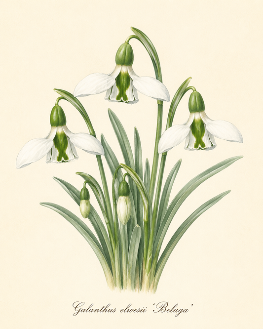 Botanische Illustration von Galanthus elwesii ‚Beluga‘ – Schneeglöckchen von Verberghe, die eine 30 cm hohe weiße Blume mit einer markanten grünen Markierung an den grün gesäumten Blüten sowie schlanke grüne Blätter vor einem hellen Hintergrund zeigt; unten befindet sich eine handgeschriebene Beschriftung.