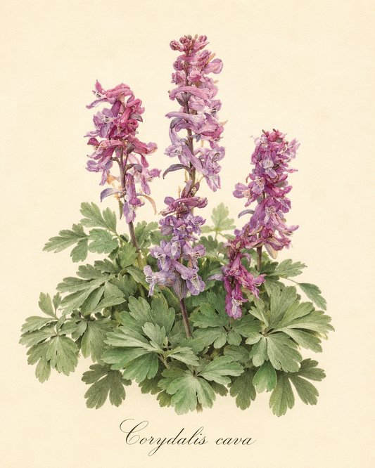Botanische Illustration von Corydalis cava – Hohler Lerchensporn von Weijers, die drei hohe Stiele mit violetten Blüten und grünen, gelappten Blättern vor einem hellbeigen Hintergrund zeigt; darunter ist der lateinische Name der Pflanze angegeben.