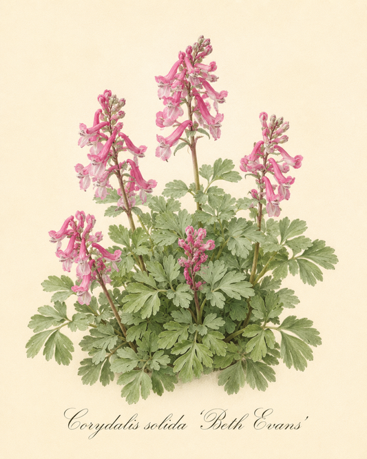 Botanische Illustration von Corydalis solida ‚Beth Evans‘ – „Gefingerter Lerchensporn“ von Weijers, der Büschel rosa, röhrenförmiger Blüten und fein gegliederter grüner Blätter zeigt – ideal, um einen frühblühenden Teppich im Halbschatten zu bilden und frühen Insekten eine Nahrungsquelle zu bieten; der Name der Pflanze ist elegant unterhalb des Bildes eingetragen.