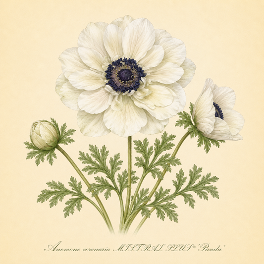 Botanische Illustration von drei bienenfreundlichen weißen Anemonenblüten mit detaillierten grünen Blättern – eine in voller Blüte, eine teilweise geöffnet und eine noch in der Knospe – vor einem beigen Hintergrund. Der Text darunter lautet: Anemone coronaria MISTRAL PLUS® ‚Panda‘ – Italienische Kronen-Anemone von Sam van Schooten, eine bezaubernde Gartenpflanze mit weißen Blüten.
