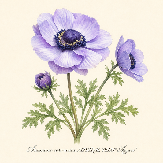 Botanische Illustration von drei blau-violetten Blüten der Anemone coronaria MISTRAL PLUS® „Azzuro“ (Italienische Kronen-Anemone) von Sam van Schooten, mit grünen Blättern – darstellend eine Blüte in voller Blüte, eine teilweise geöffnete Blüte und eine Knospe – vor hellem Hintergrund; eine bezaubernde Gartenpflanze, die wegen ihrer insektenfreundlichen Eigenschaften geschätzt wird.