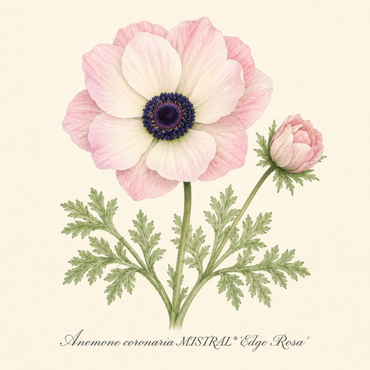 Botanische Illustration der Anemone coronaria MISTRAL® ‚Edge Rosa‘ – Italienische Kronen-Anemone von Sam van Schooten, die zarte rosa und weiße Blütenblätter mit großen Blüten, einer kleineren Knospe und grünen, gefiederten Blättern vor einem hellen Hintergrund zeigt. Diese insektenfreundliche Blüte besticht durch zarte Details, die ihr eine elegante Note verleihen.