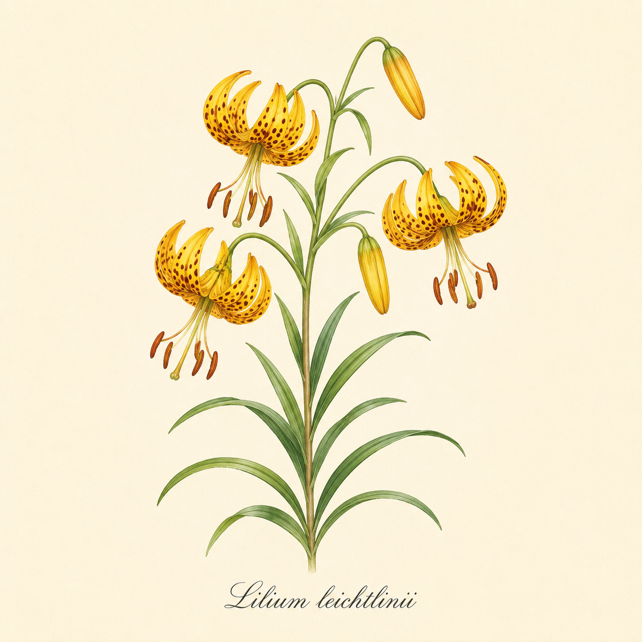 Botanische Illustration von Lilium leichtlinii – Wildlilie oder Japanische Lilie von Verberghe, die einen grünen Stiel mit länglichen Blättern und zahlreichen gelben, trompetenförmigen Blüten mit braunen Flecken und zurückgebogenen Blütenblättern an langen Blütenstielen zeigt. Der Produktname ist unten in eleganter Schreibschrift vermerkt.