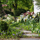 Ein Steinweg schlängelt sich durch einen üppigen Garten mit weißen und gelben Tulpen, violetten Blumen und grünen Sträuchern der Frühjahrszwiebeln. Entdecken Sie mehr beim Workshop "Mit Zwiebeln und Frühblühern" der Königlichen Gartenakademie am 18.09.2026.