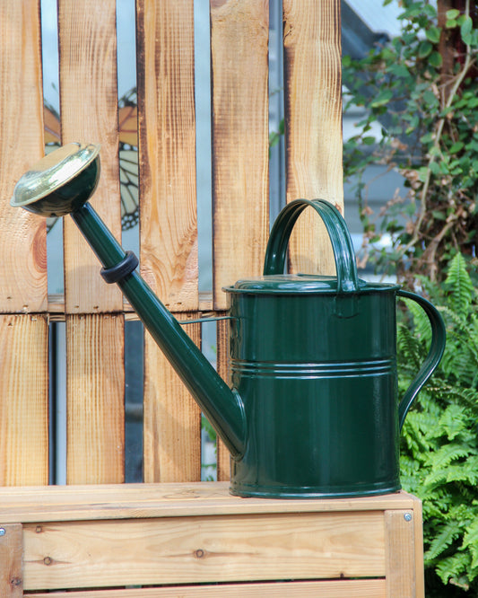 Eine Plint | Gießkanne klein, 1,5 l, in Grün von PLINT A/S mit geschwungenem Henkel steht auf einer Holzbank im Freien, vor einem Holzzaun und umgeben von Gartenpflanzen. Diese 1,5-Liter-Gießkanne vereint Funktionalität und Charme für jede Gartenumgebung.