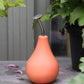 Eine Esschert-Gießbrause „Ball Terracotta L“ – eine birnenförmige, mattorangefarbene Gießkanne mit einem schlanken, silberfarbenen Metallhals und einer silberfarbenen Düse – steht auf einer grauen Fläche neben einer grünen Topfpflanze. In der Nähe liegen zwei kleine rosa Blütenblätter verstreut.