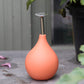 Die Esschert Gießbrause Ball Terracotta S, eine wassersparende Gießbrause für die gezielte Pflanzenbewässerung, steht auf einer grauen Fläche neben einer Topfpflanze mit teilweise sichtbaren Blättern und einigen vereinzelten rosa Blütenblättern in der Nähe.