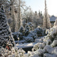 Schnee bedeckt Bäume und Sträucher, während das Sonnenlicht sanft in den Garten leuchtet. Im Hintergrund inspiriert ein Pavillon zum "Mi. 04.11.2026 | 10.00-13.00 HALBTAGESKURS Den Garten für die nächste Saison vorbereiten NEU.