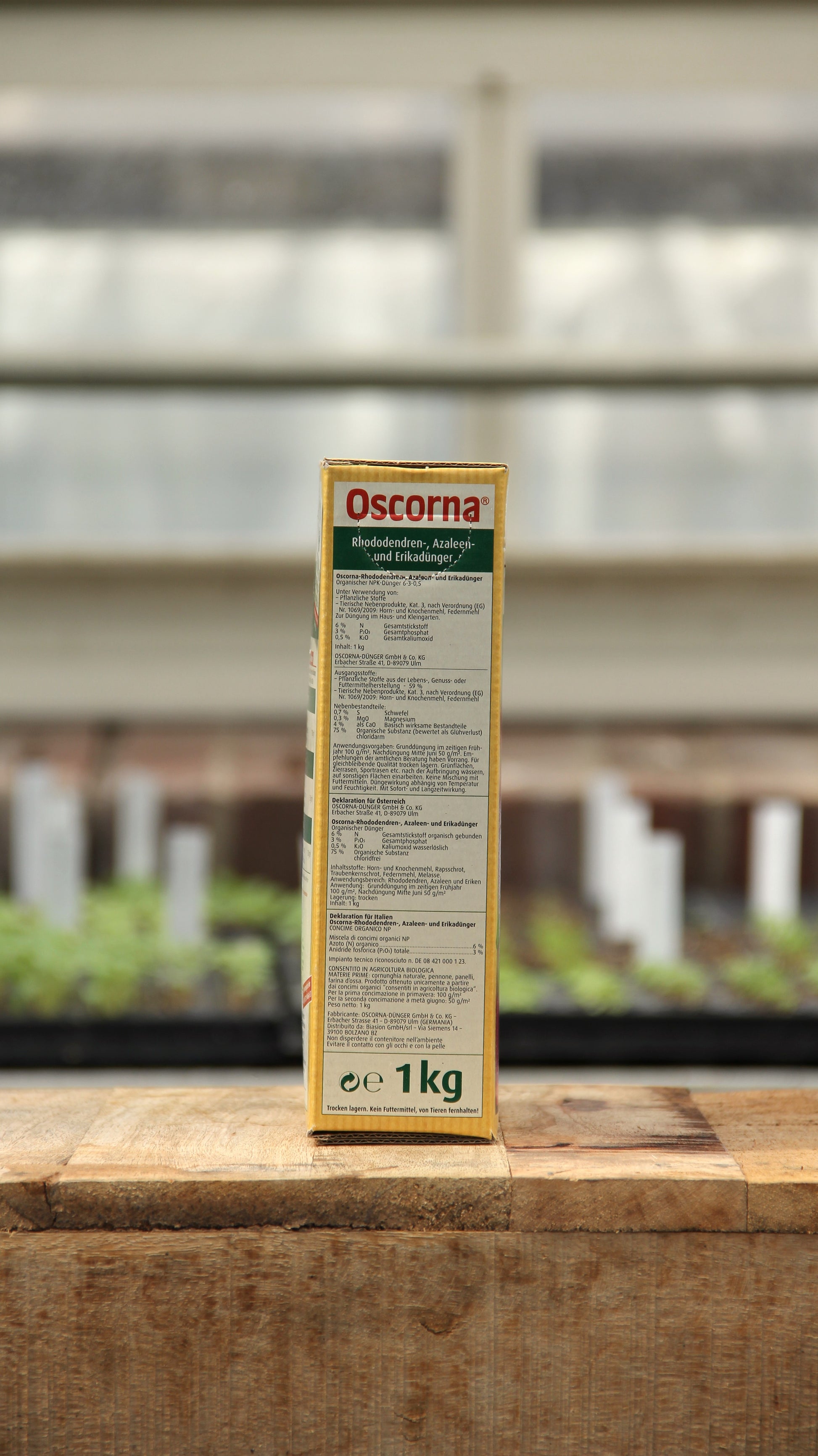 Eine 1 kg Kiste Oscorna Rhododendren-, Azaleen- und Erikadünger Naturdünger steht aufrecht auf einer Holzfläche, mit detaillierten Anweisungen auf dem Rückenetikett, mit unscharfen Gewächshauspflanzen und Schalen im Hintergrund.