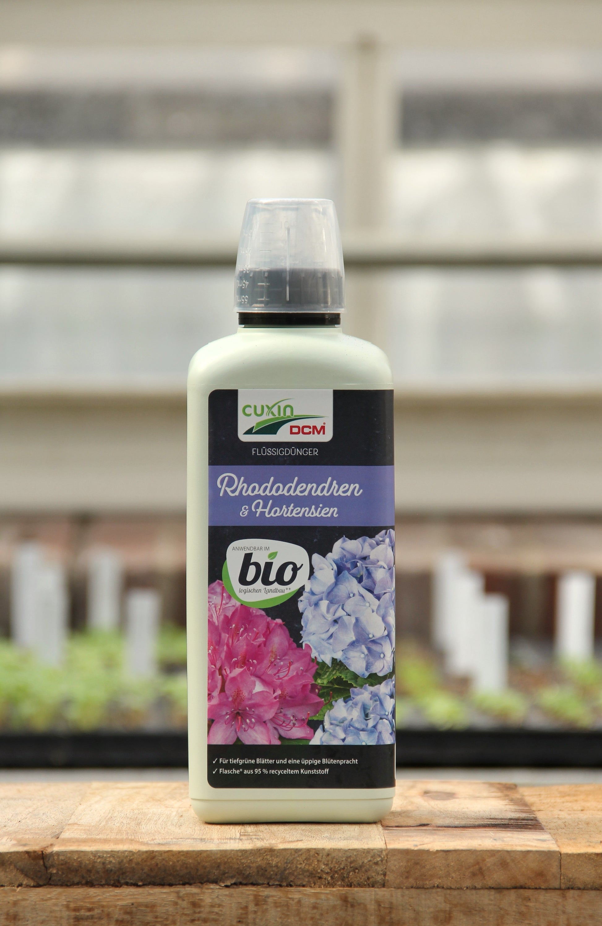 Eine 800-ml-Flasche Cuxin Rhododendren- und Hortensien Flüssigdünger steht auf Holz; auf dem Etikett sind rosa und blaue Blüten, ein Biosiegel und im Hintergrund verschwommene Moorbeetpflanzen zu sehen.