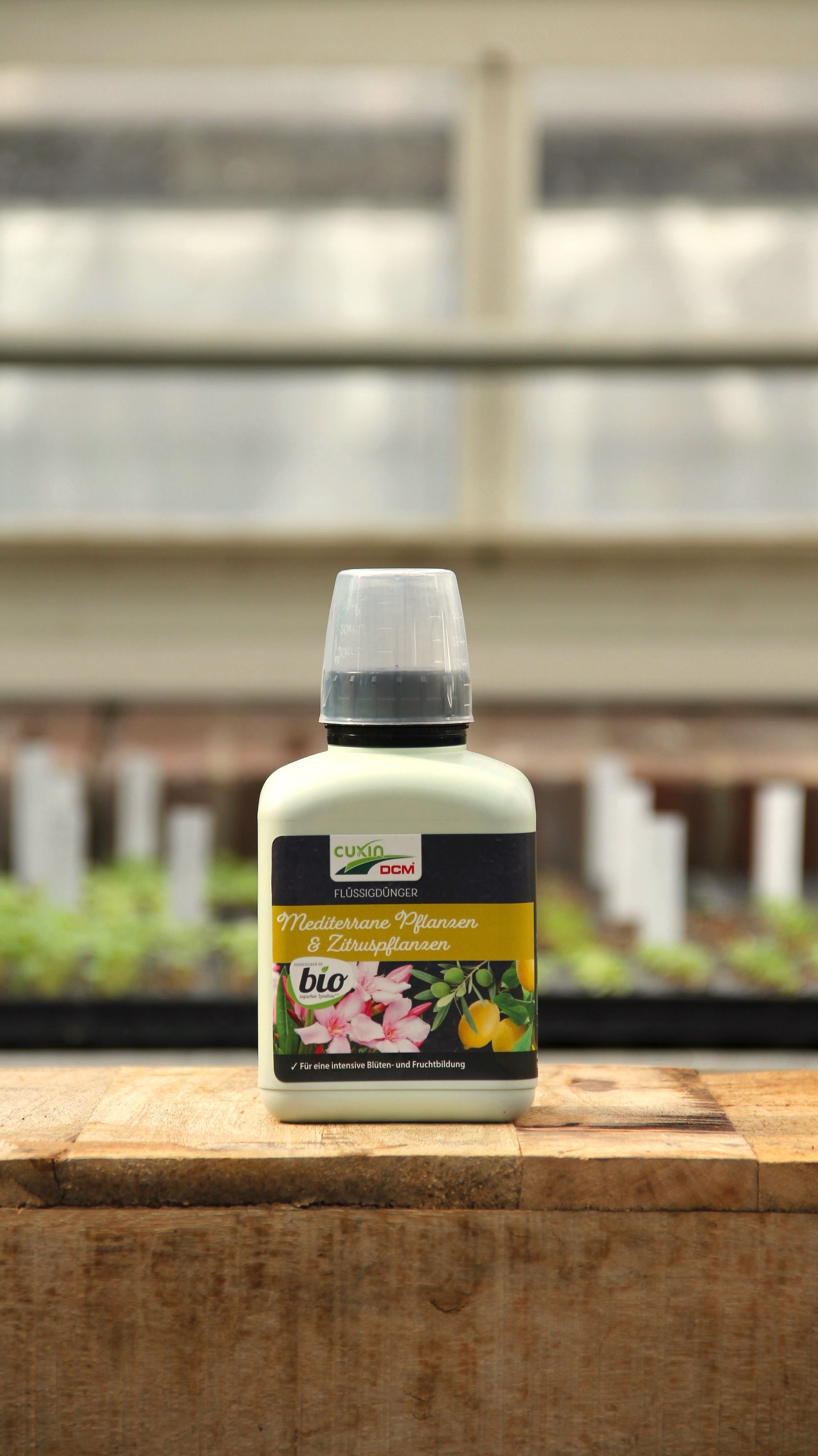 Auf einer Holzplatte steht eine 400-ml-Flasche Cuxin Flüssigdünger Mediterrane Pflanzen & Zitruspflanzen Bio, auf deren deutschem Etikett Blumen abgebildet sind, während im Hintergrund sanft verschwommene Gewächshausregale zu sehen sind.