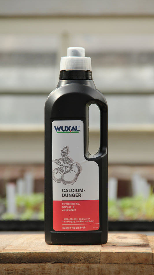 Eine schwarze 1L-Flasche Wuxal | Calciumdünger für Obstbäume, Gemüse -& Zierpflanzen mit weißem Deckel und Griff steht auf Holz. Das Etikett zeigt eine Tomatenpflanze und einen deutschen Text. Im Hintergrund erscheinen verschwommene Grünflächen und helles Licht.