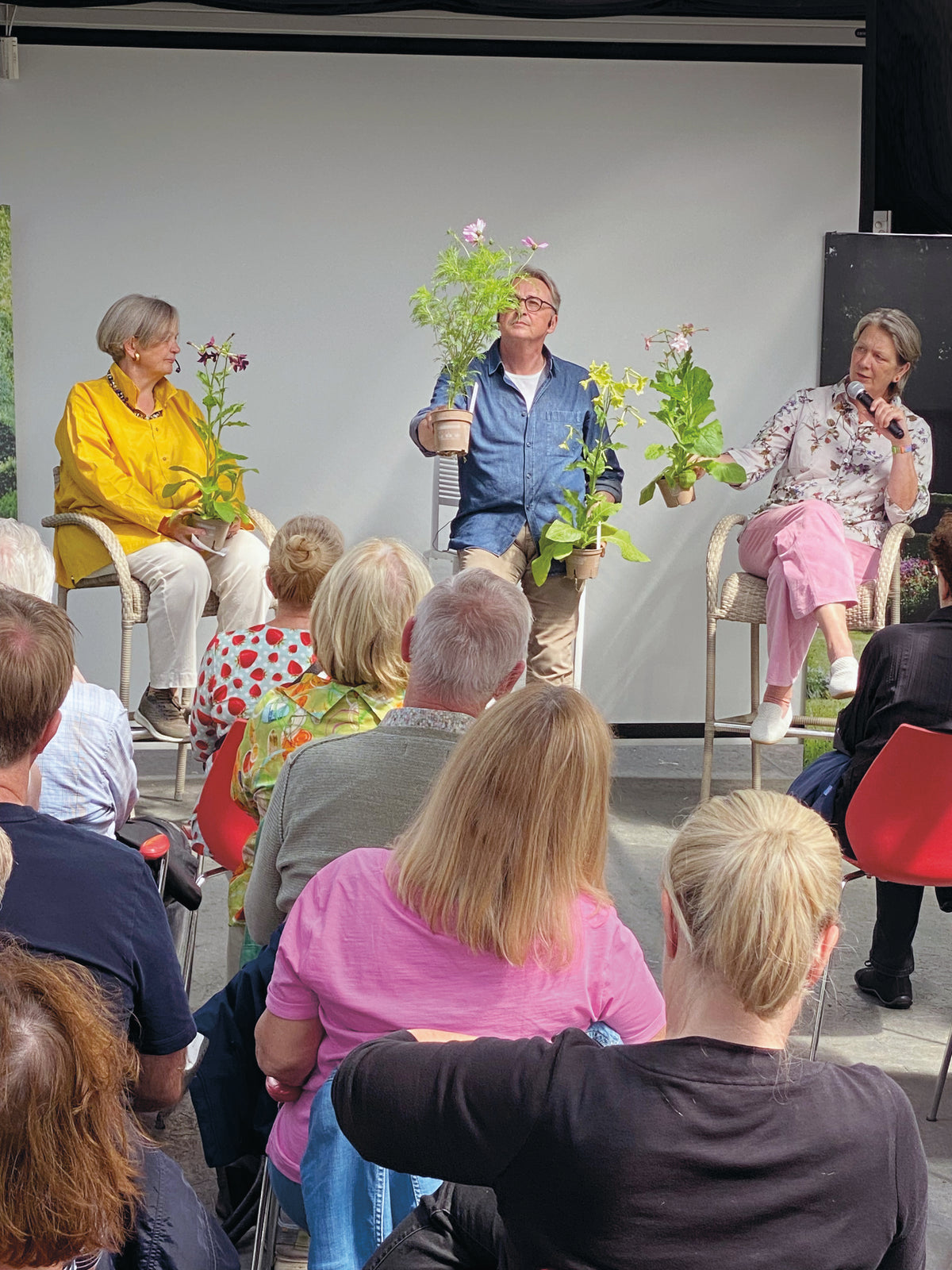 Drei Moderatoren sitzen vor Publikum auf der Bühne und halten Topfpflanzen in den Händen während der Veranstaltung am Sa., 13.3.2027 | 11.00 – 12.30 Uhr: GARTENTALK – Gedanken zum Gärtnern im Frühling.