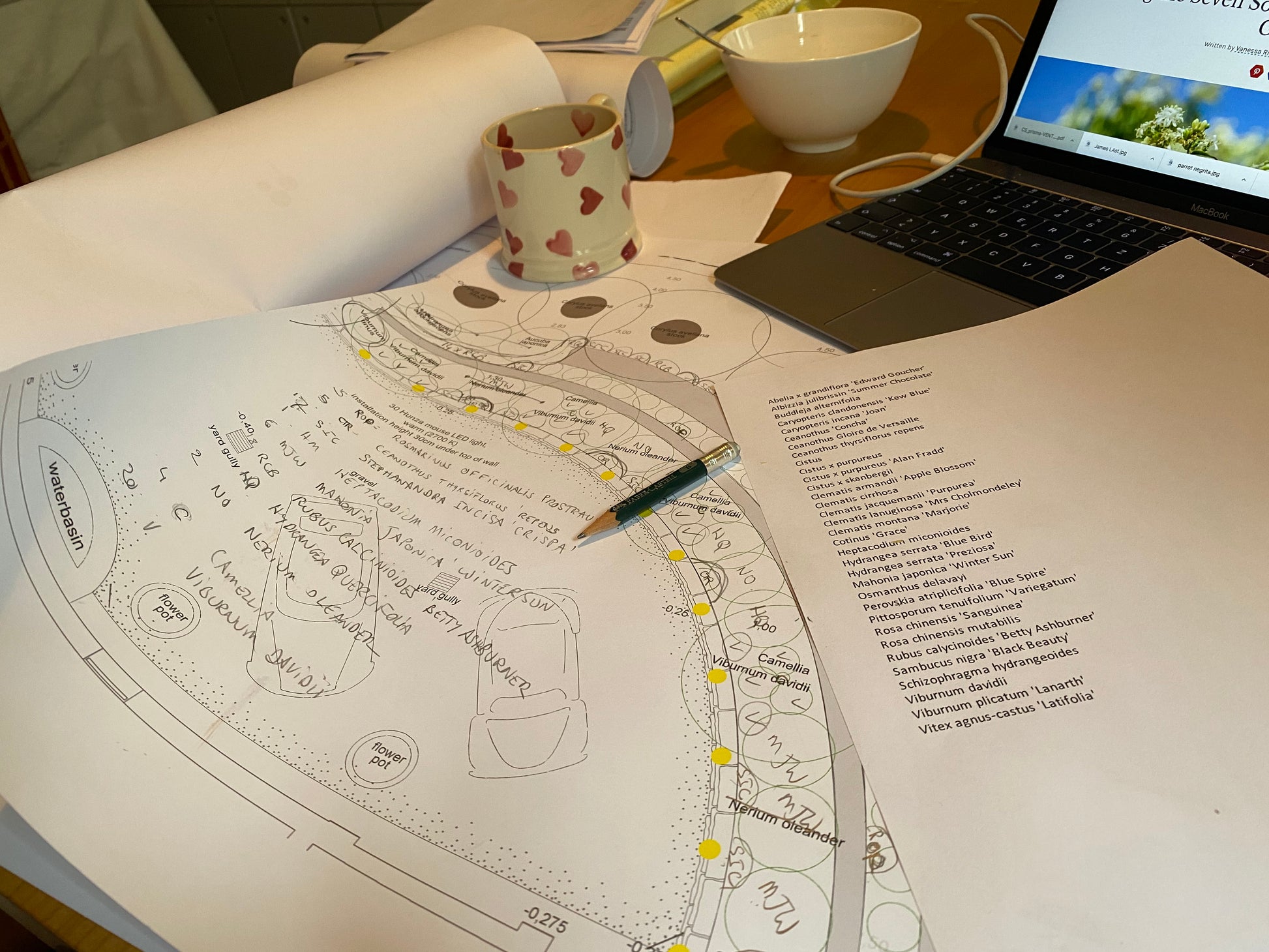 Ein Tischset für den "Mi. 04.11.2026 | 10.00 - 13.00 HALBTAGESKURS Den Garten für die nächste Saison vorbereiten NEU" der Königlichen Gartenakademie: mit Pflanzplan, Laptop, Pflanzennamen-Printout und Herzkaffeetasse - bereit für die Gartensaison!.