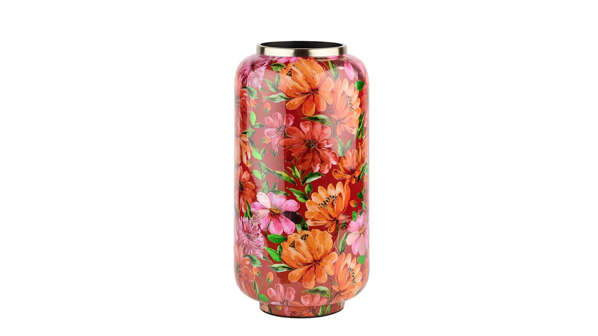 Die Vase „Bloom“ aus Metall in Rosarot (30 x 15 cm) von 2 Have ist eine hohe, zylindrische Metallvase mit einem metallischen Rand, verziert mit einem lebhaften Blumenmuster aus orangefarbenen und rosa Blüten sowie grünen Blättern auf rotem Hintergrund – damit ist sie die perfekte, auffällige Dekoration für jeden Raum.