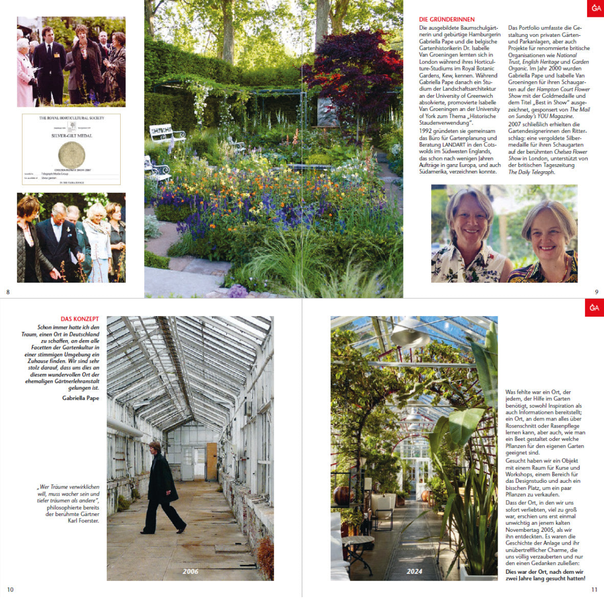Eine Collage aus dem Leitfaden der Königlichen Gartenakademie zeigt Gartenszenen, eine feierliche Veranstaltung, lächelnde Frauen, einen Mann in einem Gewächshaus und einen deutschen Text über Gartenkultur und Gestaltungskonzepte.