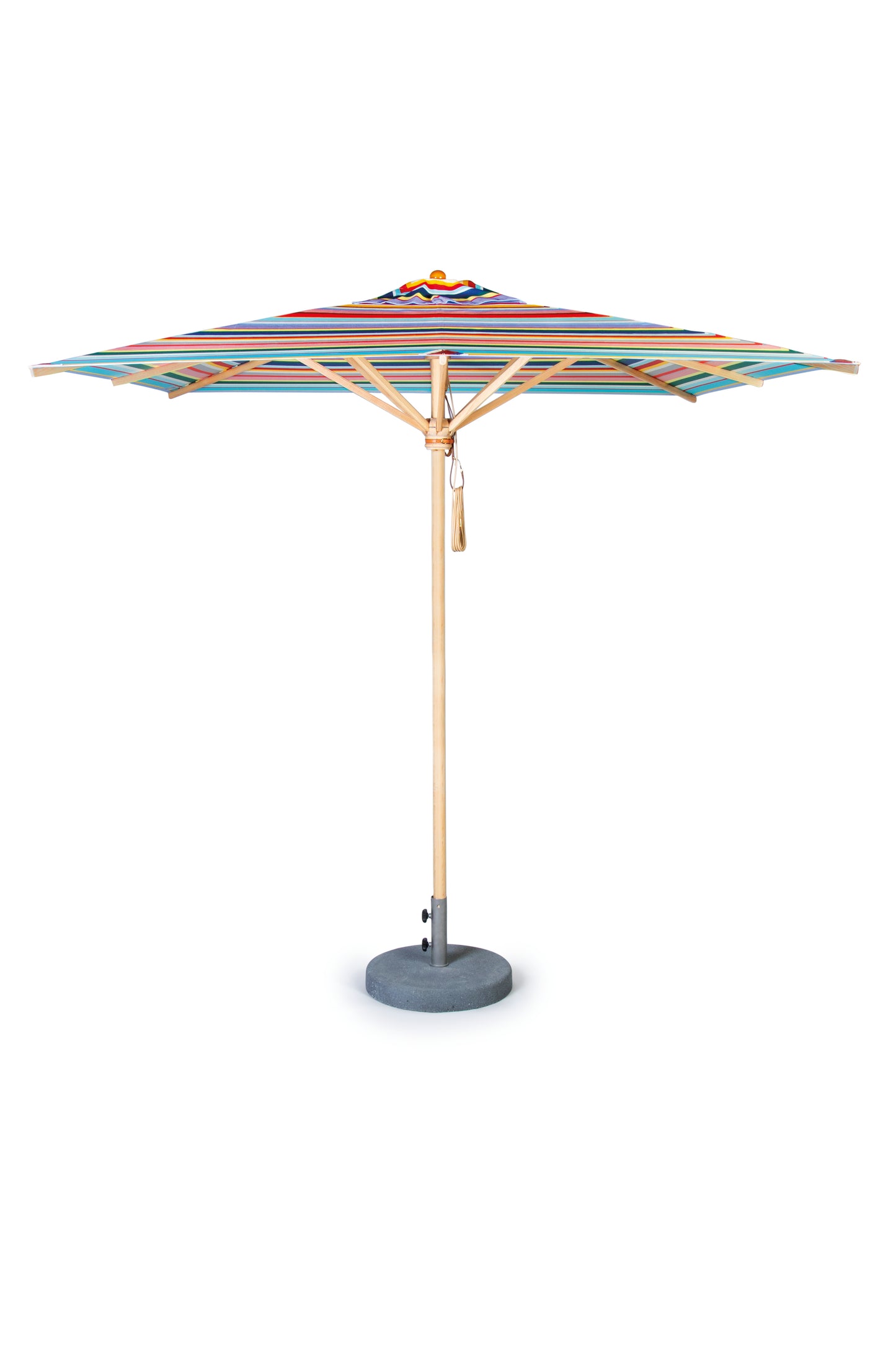Der Weishäupl Acryltuch-Sonnenschirm 'Klassiker Multicolor' Ø 250 cm ist ein farbenfrohes Outdoor-Accessoire mit einem gestreiften Schirmdach, einer dekorativen Quaste am Seilzugsystem, einer stabilen Holzstange und einem runden grauen Fuß.